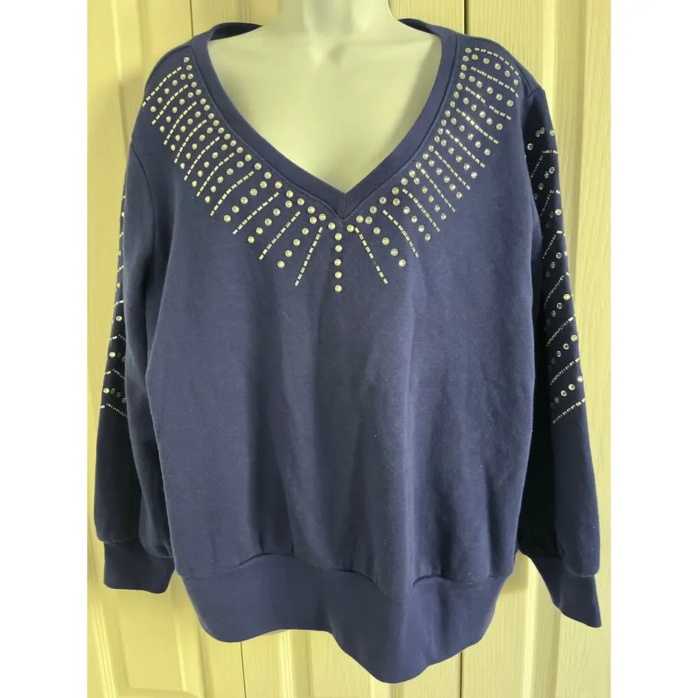 INC International Concepts Navy Rhinestone Embellished V-Neck Sweatshirt Top 1X